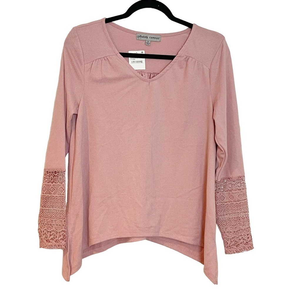 Always Fabulous V-Neck Long Sleeve Crochet Detail Top Pink Size S NWT